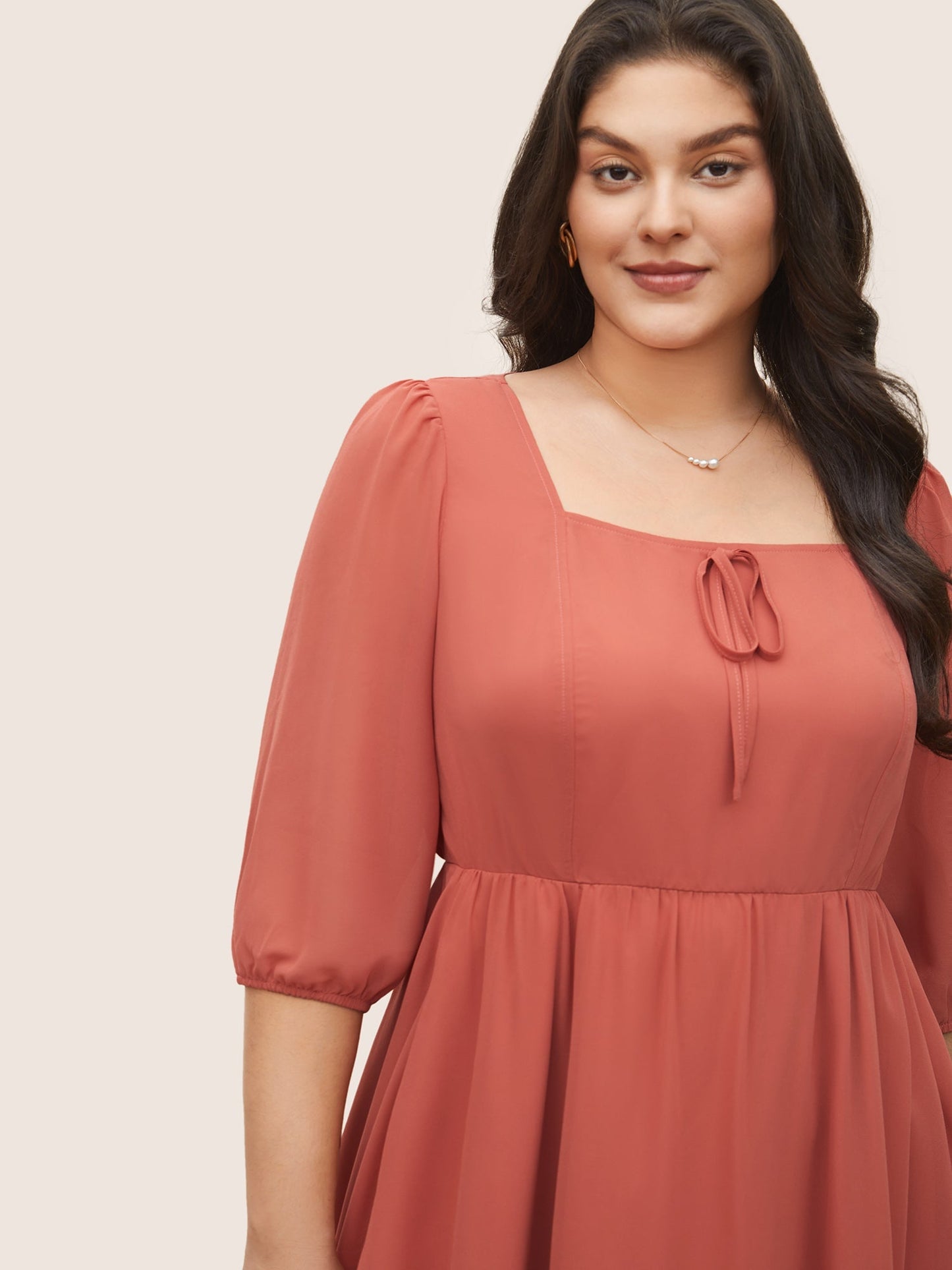 Chiffon Plain Ties Knotted Lantern Sleeve Dress