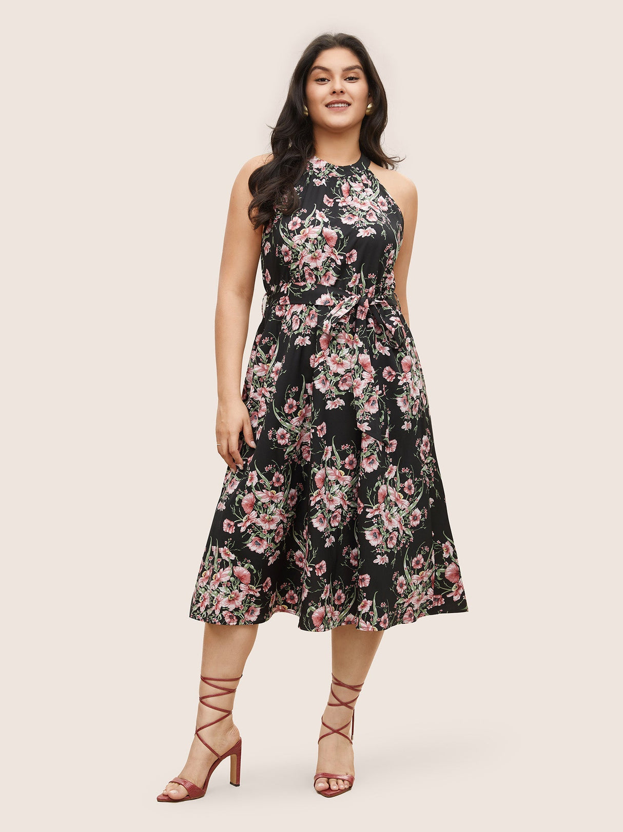 Floral Print Halter Elastic Waist Belted Dress