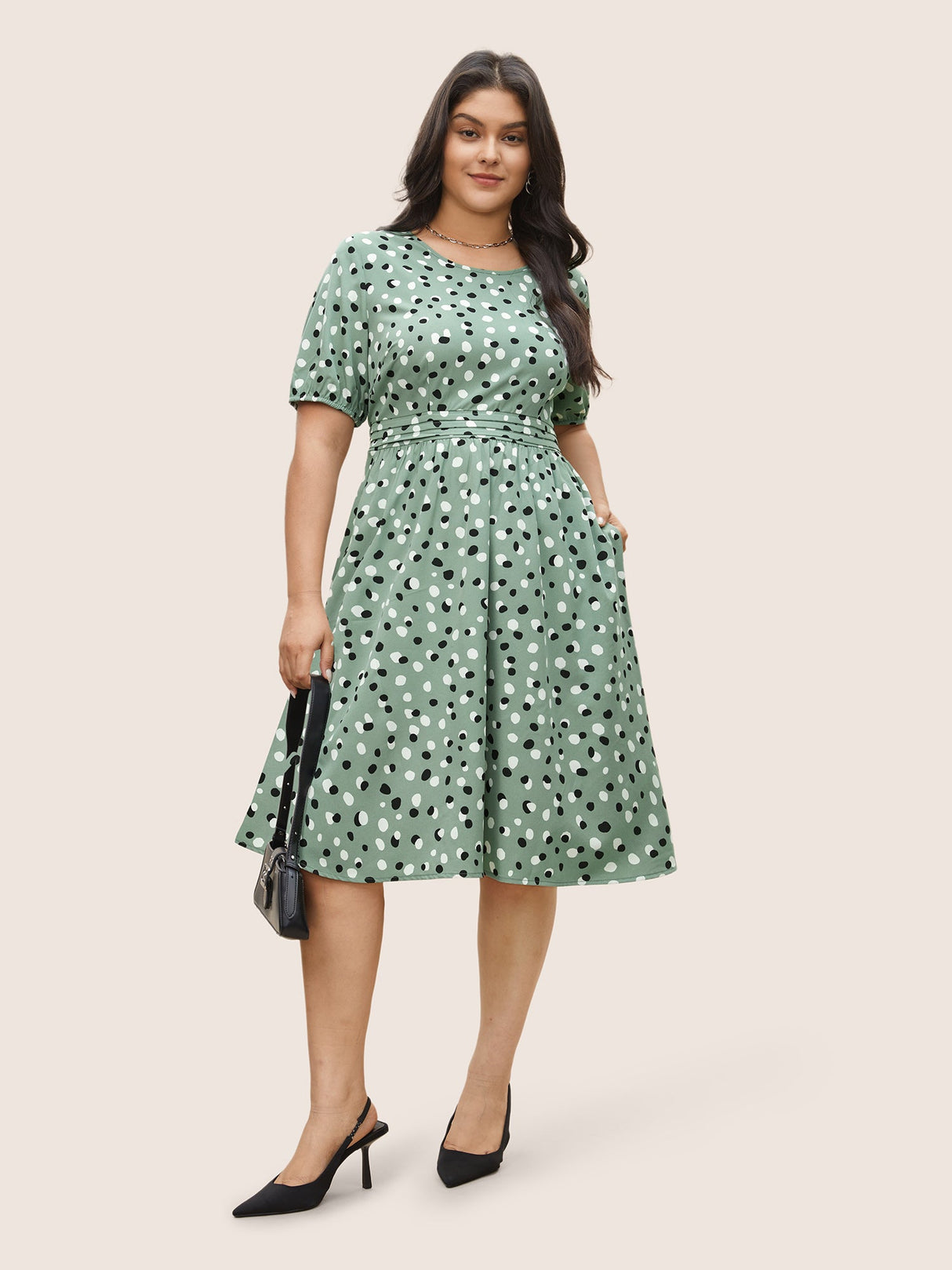 Allover Print Pleated Lantern Sleeve Dress