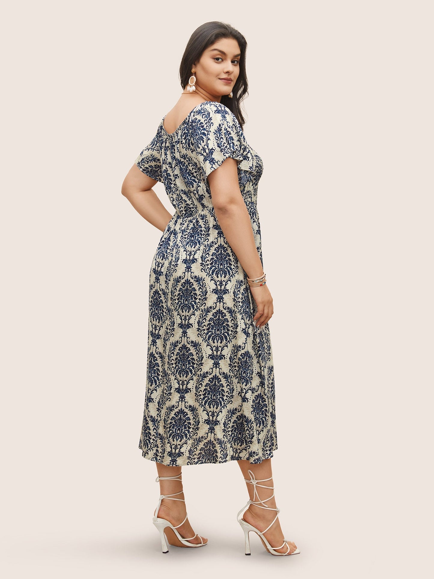 Bandana Print Shirred Off Shoulder Dress