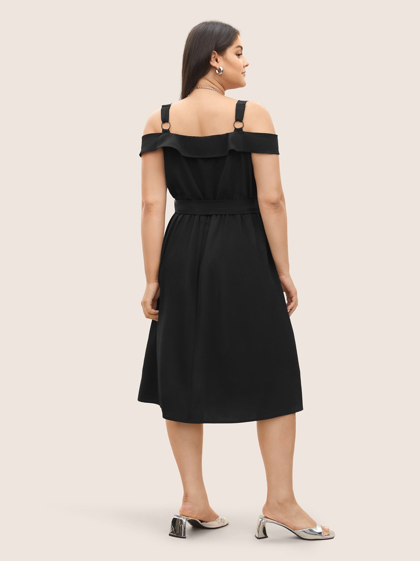 Solid Cold Shoulder Button Detail Belted Dress