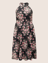 Floral Print Halter Elastic Waist Belted Dress