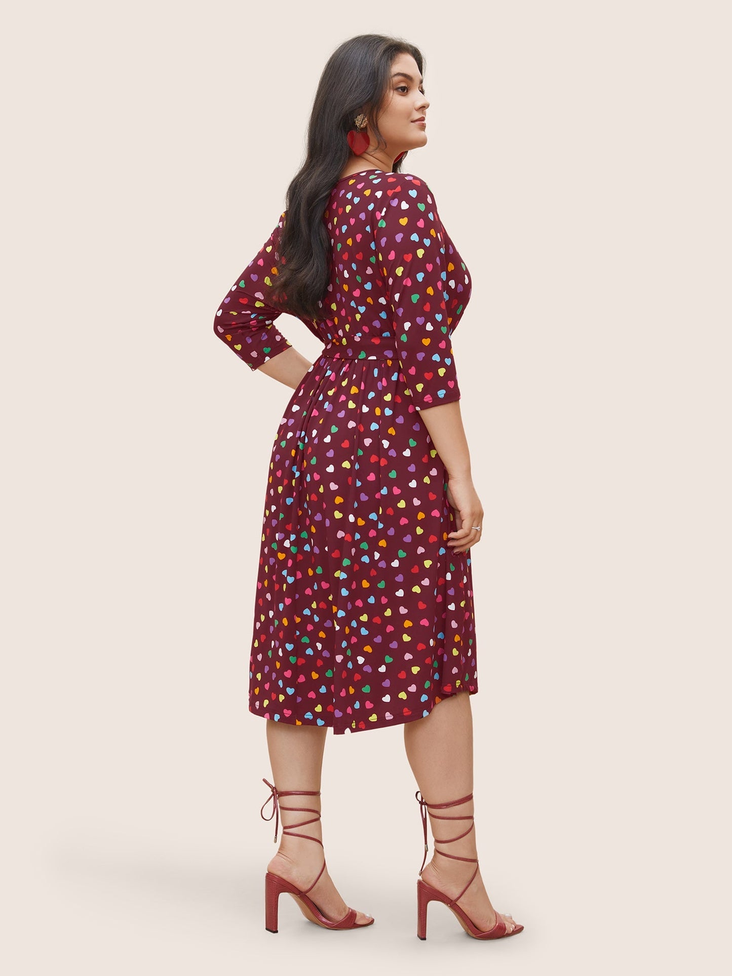 Colored Heart Print Belted Overlap Collar Dress