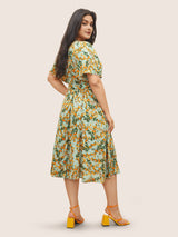 Loquat Print Belted Flutter Sleeve Wrap Dress