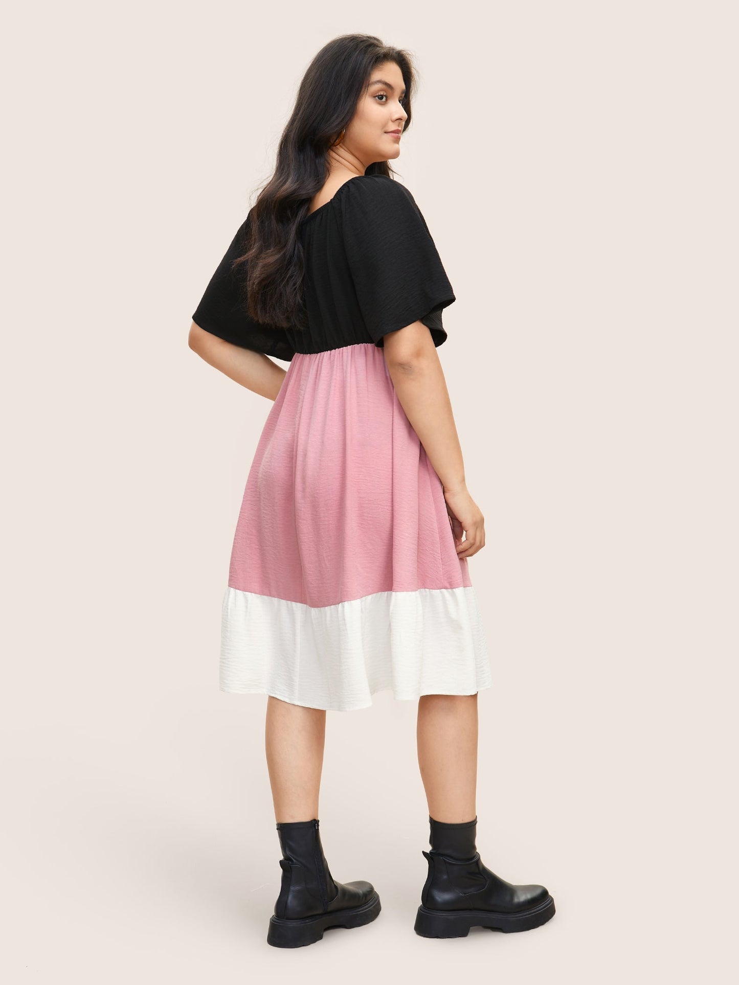 Colorblock Contrast Patchwork Gathered Raglan Sleeve Dress