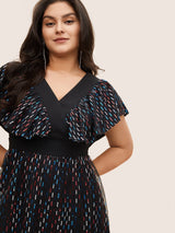 Sequin Patchwork Pocket Flutter Cap Sleeve Dress