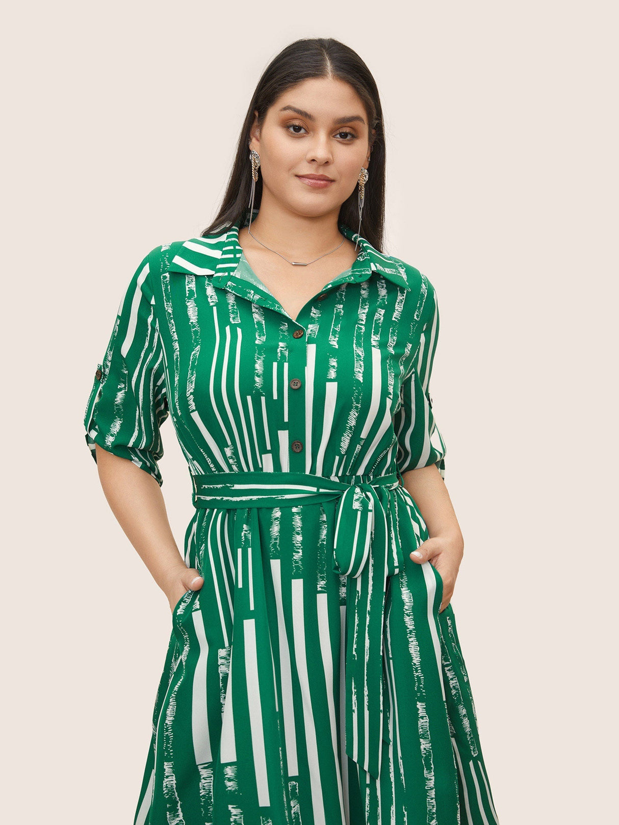 Geometric Shirt Collar Tab Sleeve Belted Dress