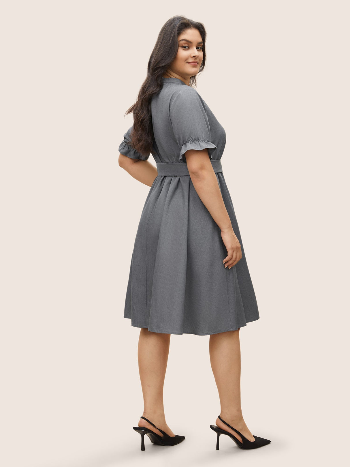 Notched Button Detail Elastic Waist Belted Dress