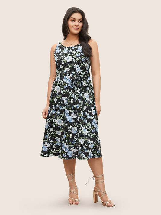 Floral Elastic Waist Sleeveless Pocket Belted Dress