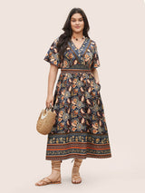 Bandana Print Shirred Overlap Collar Flutter Sleeve Dress