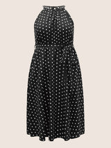 Polka Dot Halter Elastic Waist Belted Gathered Dress