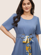 Solid Frill Trim Buckle Detail Belted Dress