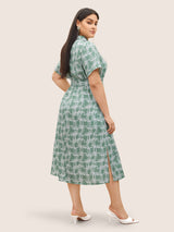 Abstract Print Belted Polo Collar Dress