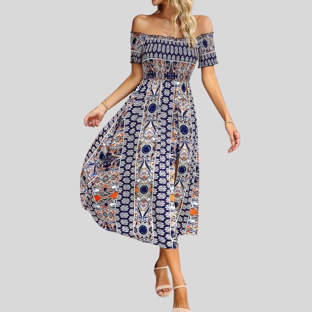 Aurora - Off-the-shoulder boho maxi dress with ruffled top