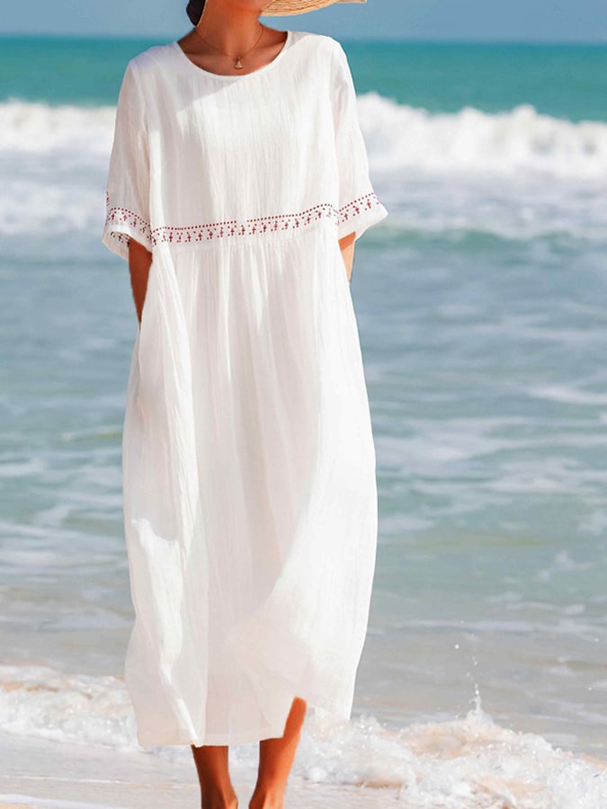 Cotton And Linen Embroidered Loose Dress