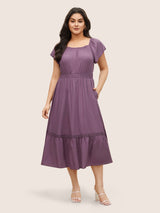 Solid Cap Sleeve Shirred Frill Trim Dress