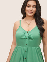 Solid Ruched Button Detail Adjustable Straps Dress