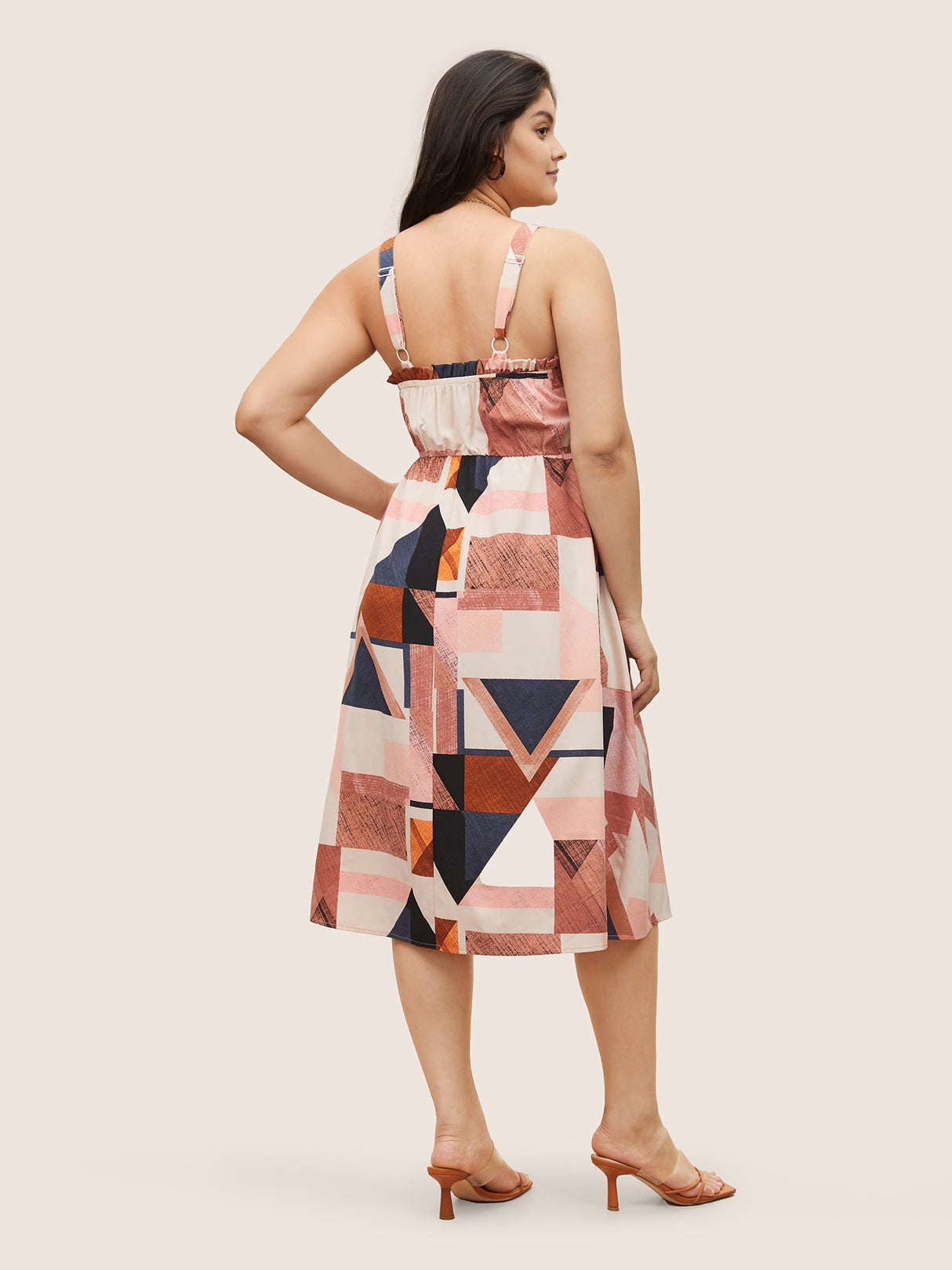 Geometric Colorblock Shirred Frill Trim Cami Dress