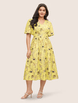 Floral Pocket Shirred Elastic Waist Dress