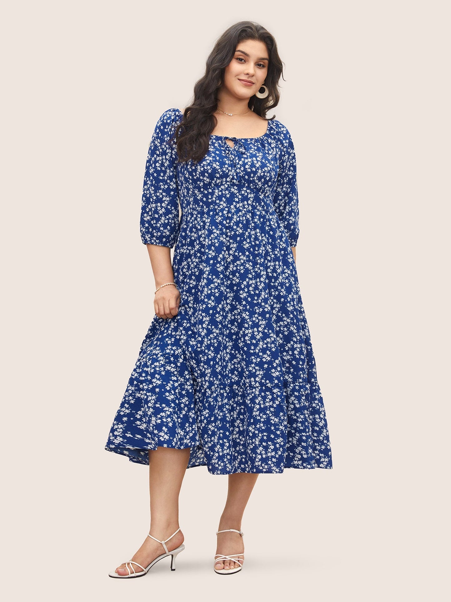 Ditsy Floral Pocket Tie Neck Shirred Dress