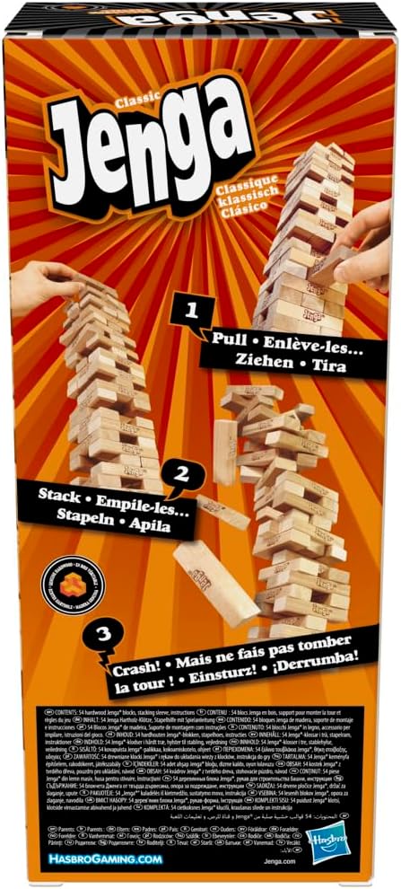 Hasbro Gaming Jenga Classic Game with Genuine Hardwood Blocks,Stacking Tower Game for 1 or More Players,Kids Ages 6 and Up