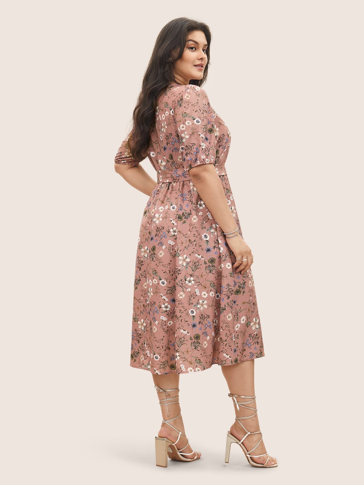 Ditsy Floral Belted Lantern Sleeve Button Up Dress