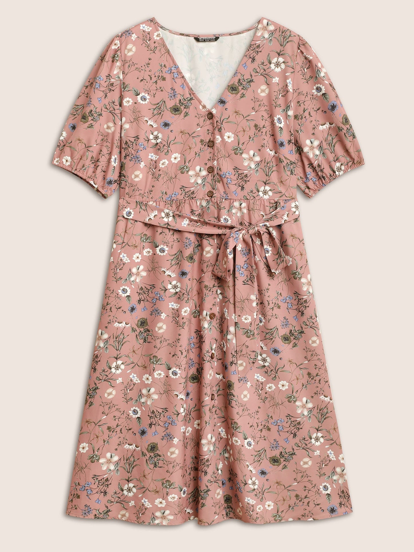 Ditsy Floral Belted Lantern Sleeve Button Up Dress