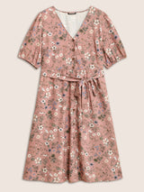 Ditsy Floral Belted Lantern Sleeve Button Up Dress