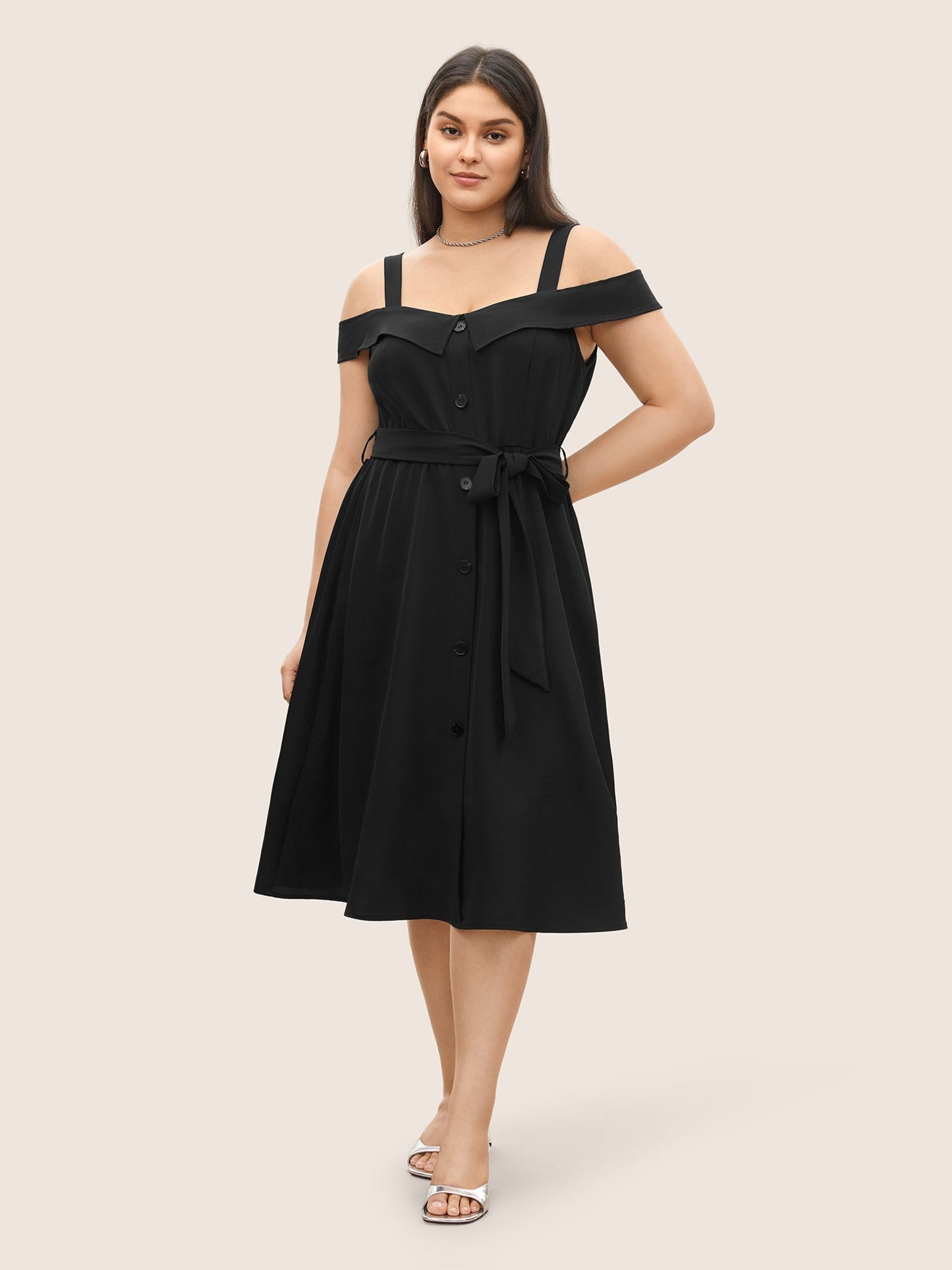 Solid Cold Shoulder Button Detail Belted Dress