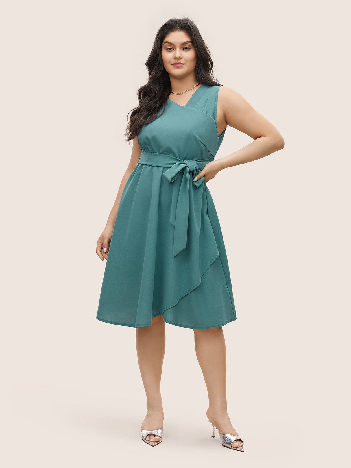 Asymmetrical Neck Pleated Belted Sleeveless Dress