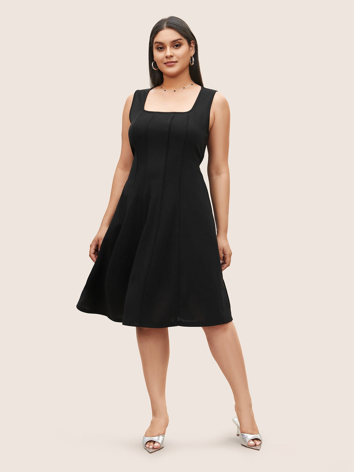 Plain Square Neck Tucked Seam Sleeveless Dress