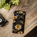 Halloween Black & Gold Spider Slim Phone Cases, Gold Flower Phone Case