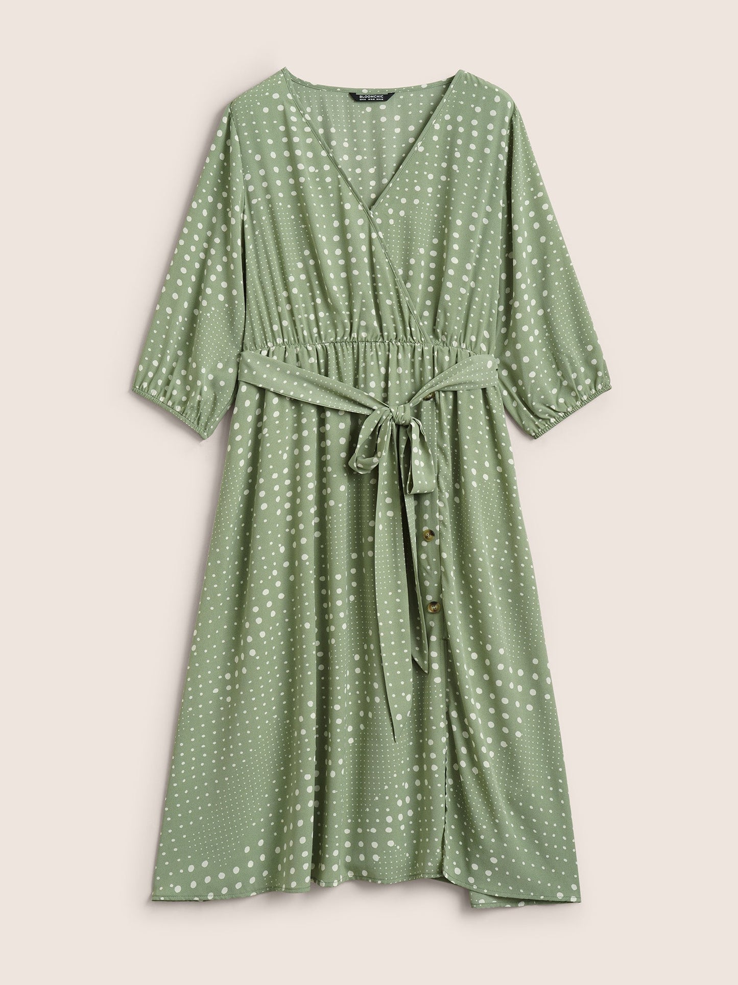 Polka Dot Overlap Collar Belted Lantern Sleeve Dress