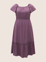 Solid Cap Sleeve Shirred Frill Trim Dress