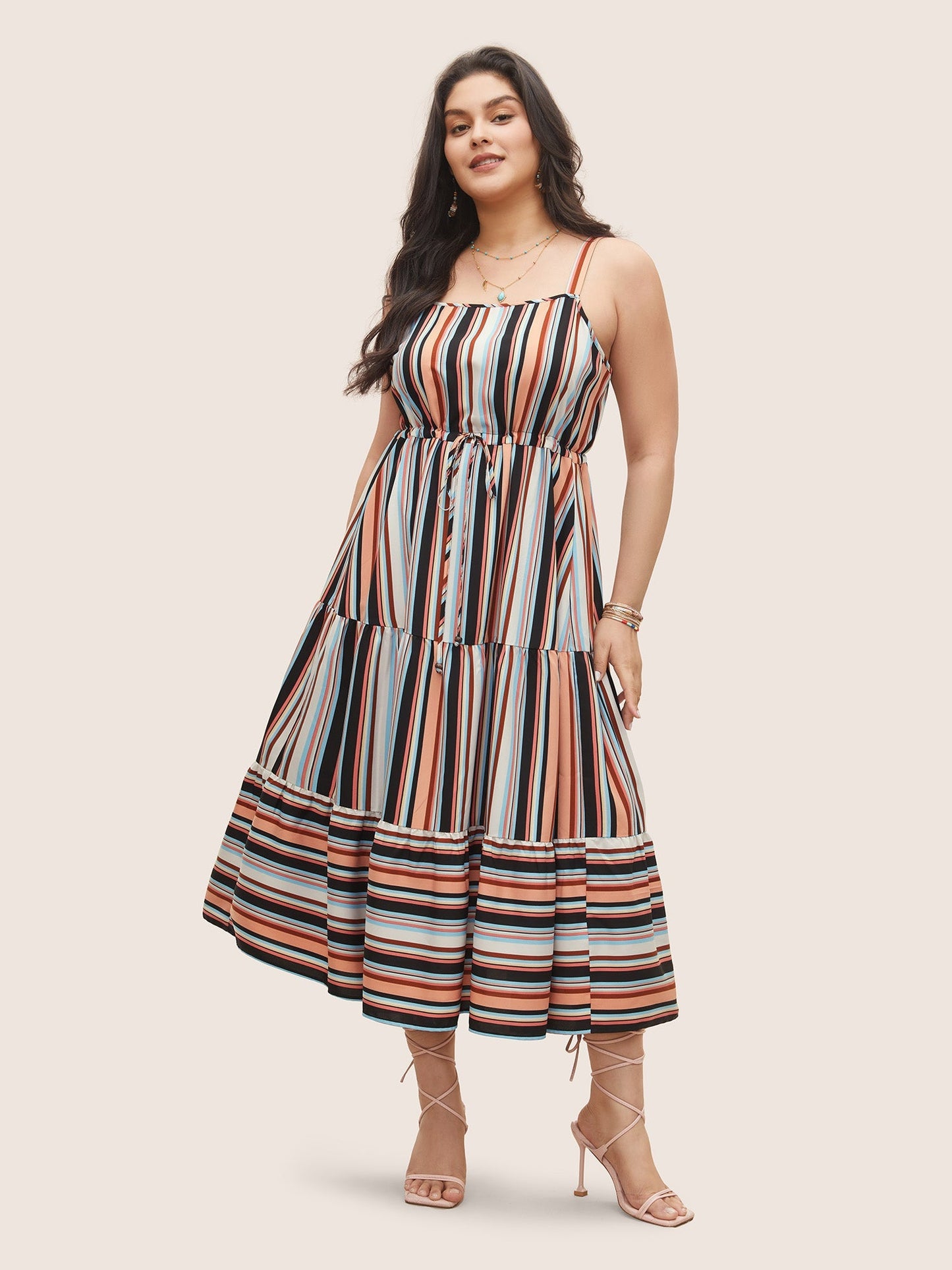 Color Striped Drawstring Ruffle Hem Dress