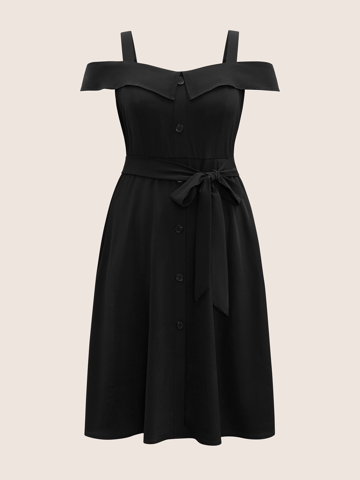 Solid Cold Shoulder Button Detail Belted Dress