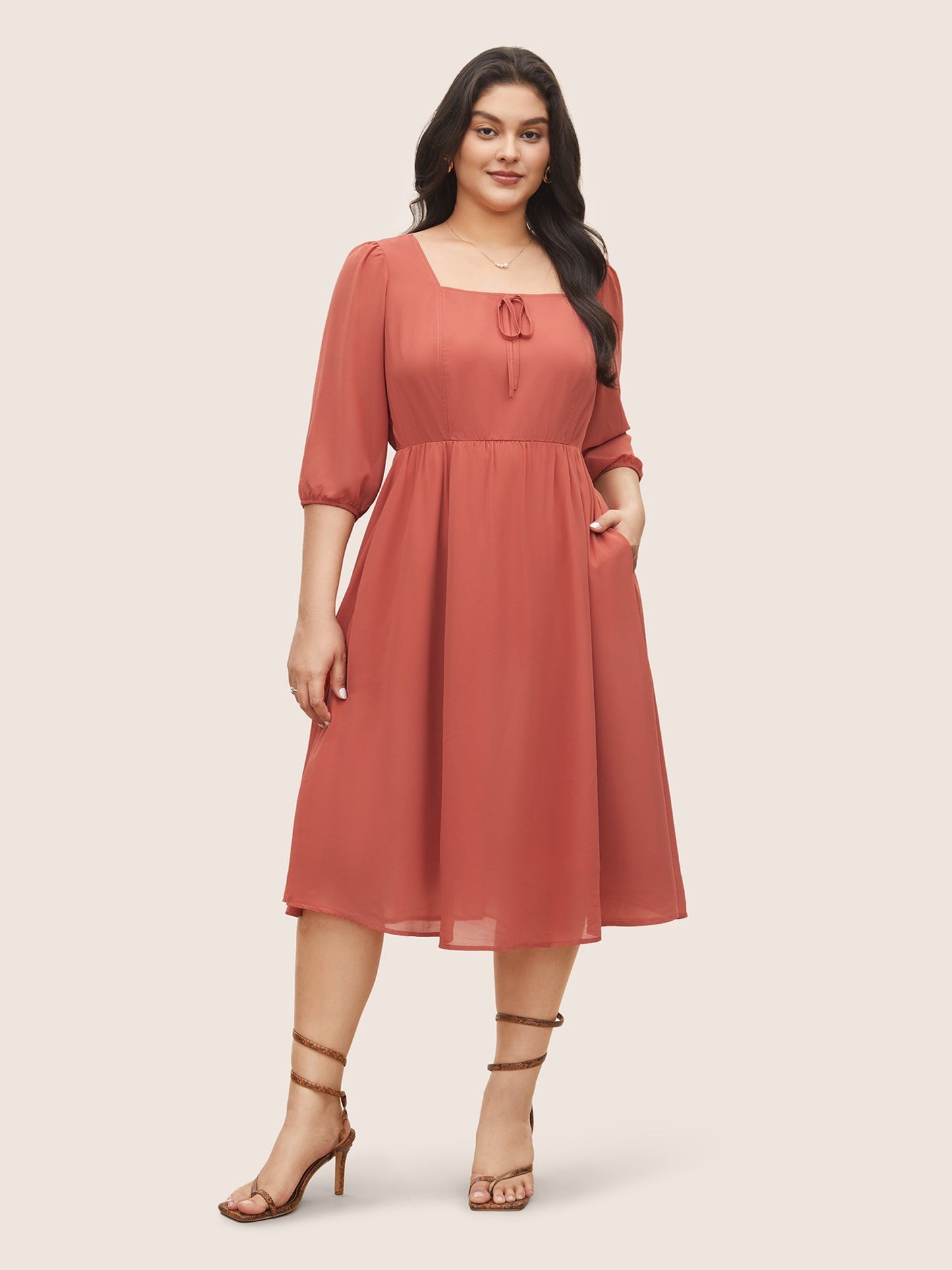 Chiffon Plain Ties Knotted Lantern Sleeve Dress