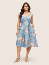 Floral Wrap Elastic Waist Belted Sleeveless Dress