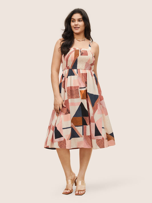 Geometric Colorblock Shirred Frill Trim Cami Dress