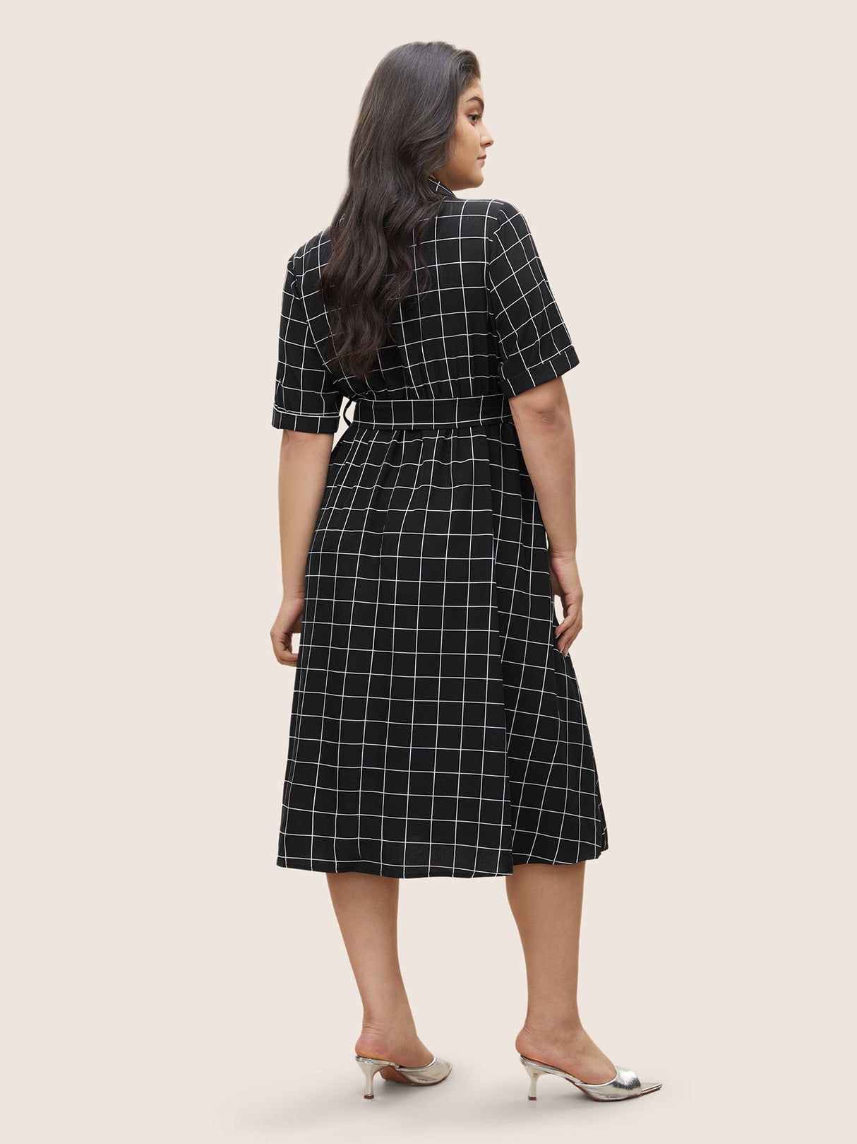 Plaid Belted Shirt Collar Cuffed Sleeve Dress