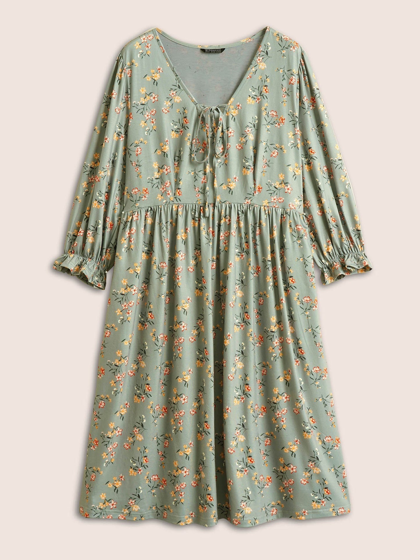 Ditsy Floral Tie Neck Flutter Sleeve Gathered Dress