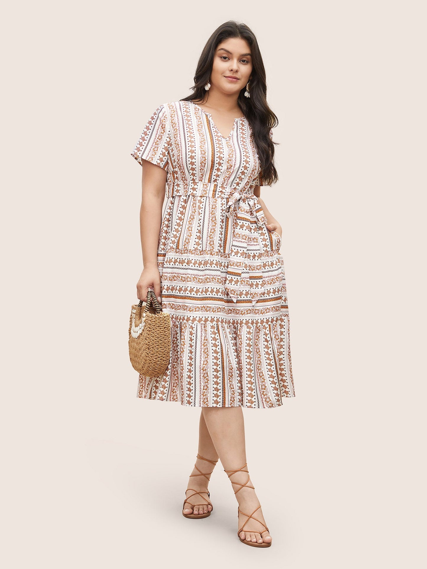 Bandana Striped Print Notched Belted Dress