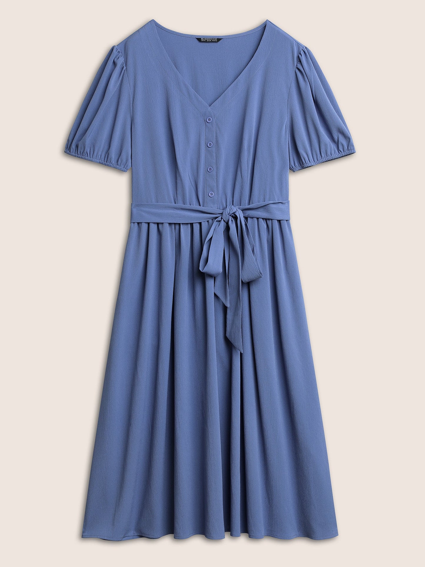 Solid Button Detail Belted Elastic Waist Dress