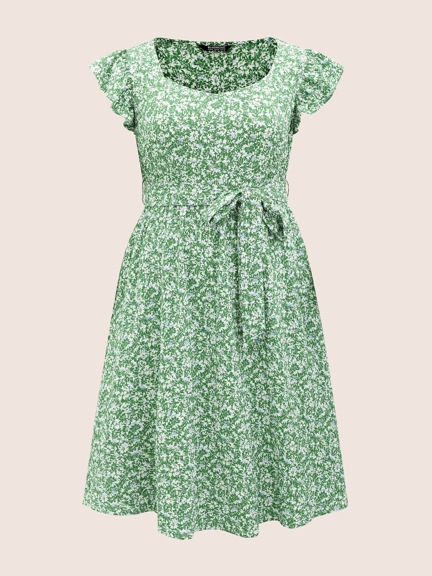 Ditsy Floral Belted Flutter Cap Sleeve Dress