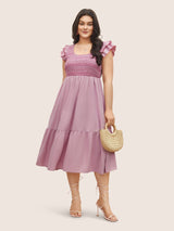 Plain Shirred Tiered Flounce Sleeve Dress