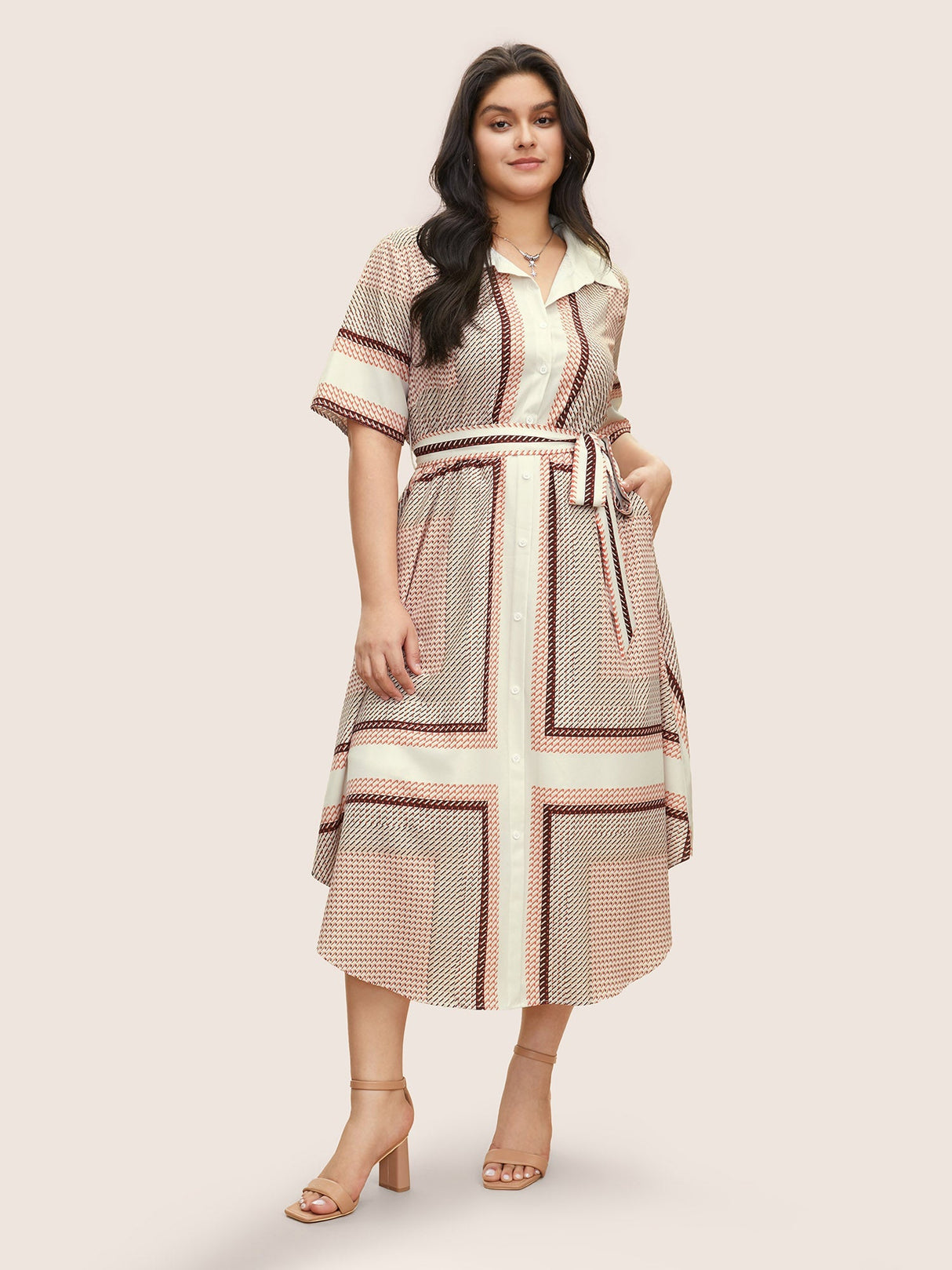 Geo Graphic Belted Curved Hem Shirt Collar Dress