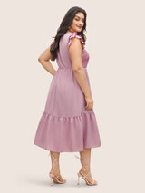 Plain Shirred Tiered Flounce Sleeve Dress