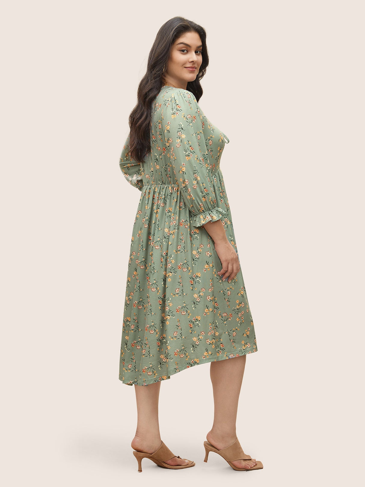 Ditsy Floral Tie Neck Flutter Sleeve Gathered Dress