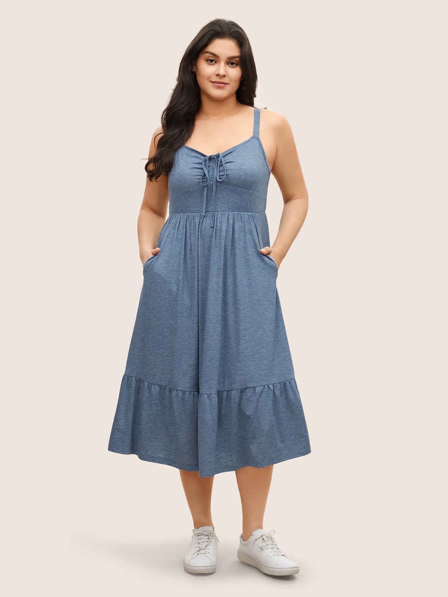 Solid Ruffle Layered Hem Drawstring Cami Dress