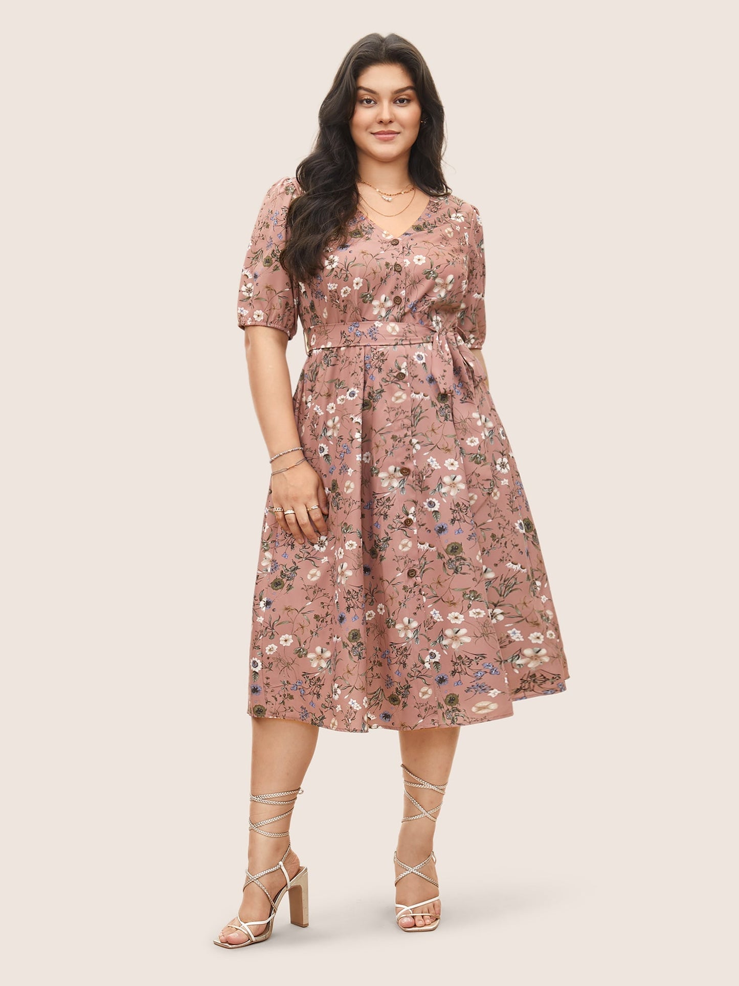 Ditsy Floral Belted Lantern Sleeve Button Up Dress